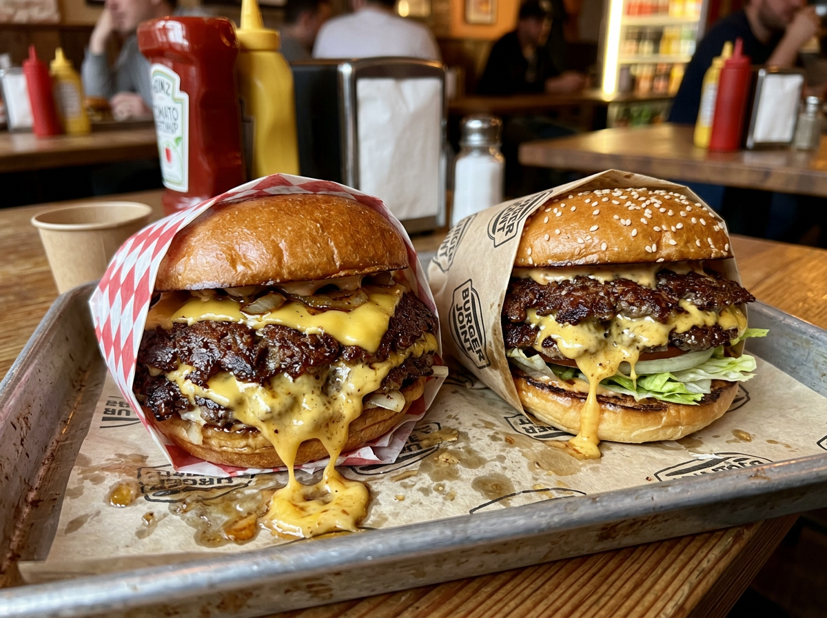 Two juicy smash burgers wrapped in wax paper on a serving tray