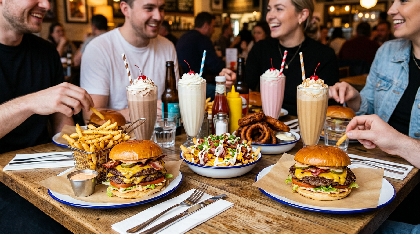Table spread of burgers, fries, and shakes for a family dinner