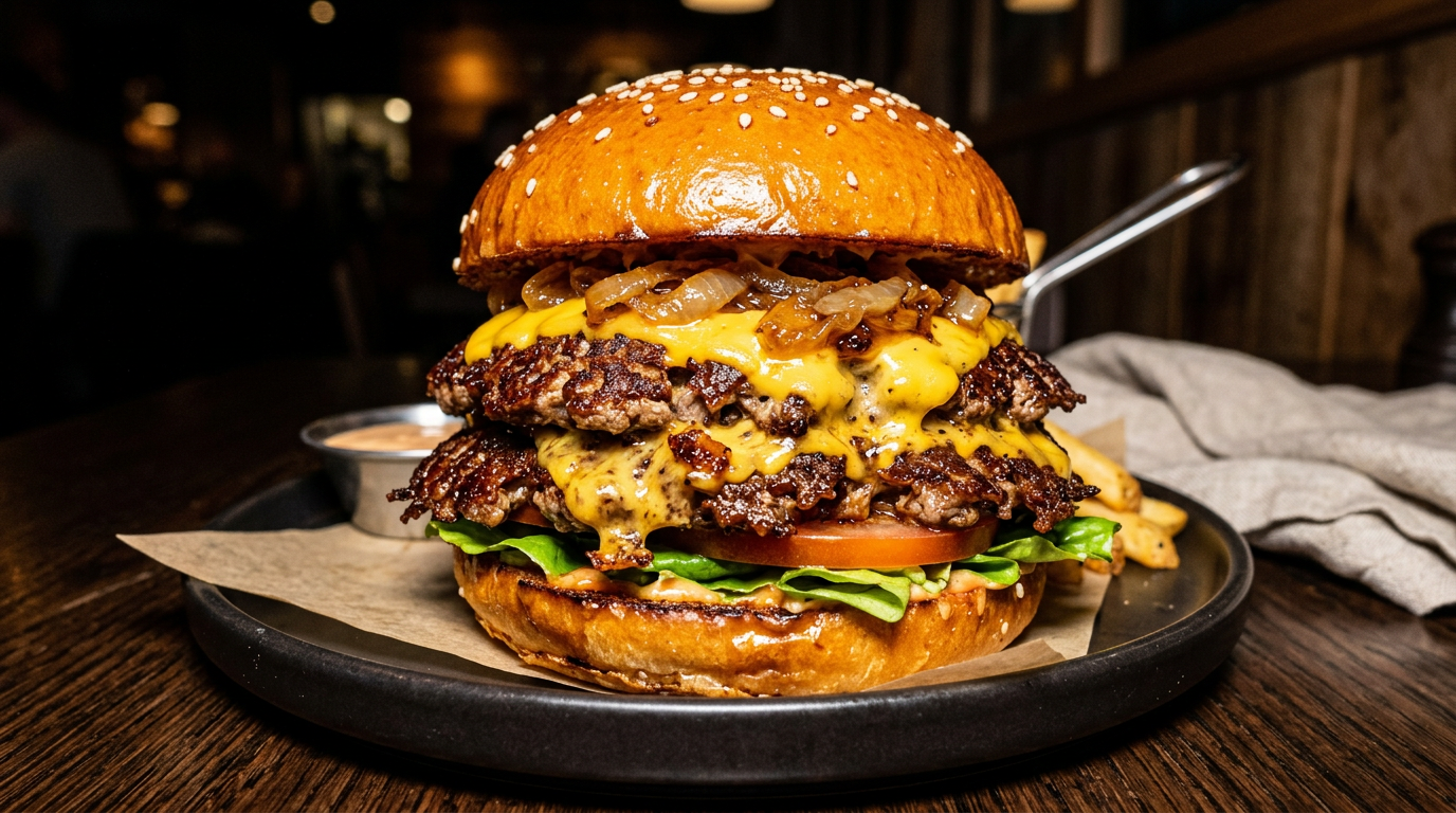 Double smash burger with melted cheddar and caramelized onions on a toasted brioche bun