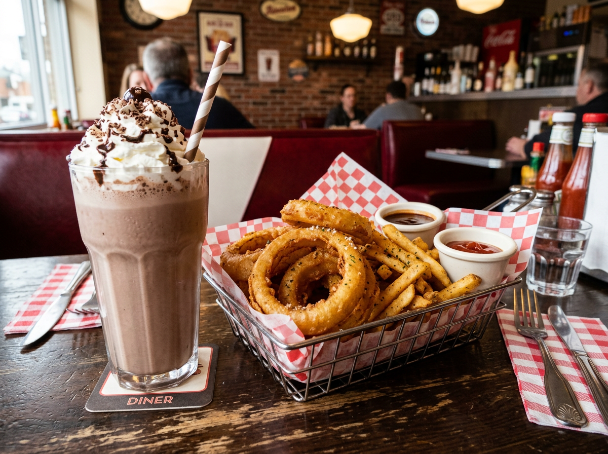 Thick chocolate shake with whipped cream next to fries