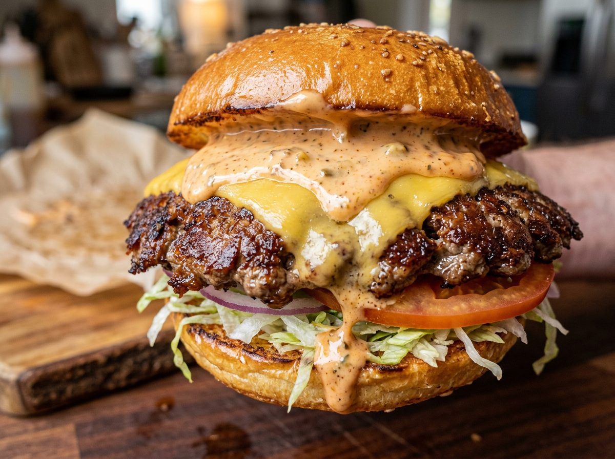 Fresh smash burger patty with melted cheese and burger sauce on a toasted bun